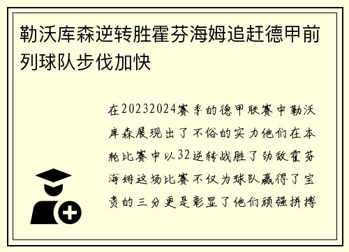 勒沃库森逆转胜霍芬海姆追赶德甲前列球队步伐加快
