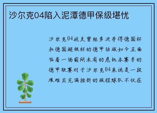 沙尔克04陷入泥潭德甲保级堪忧