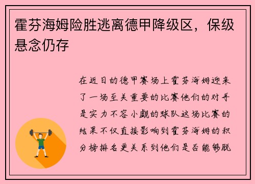 霍芬海姆险胜逃离德甲降级区，保级悬念仍存