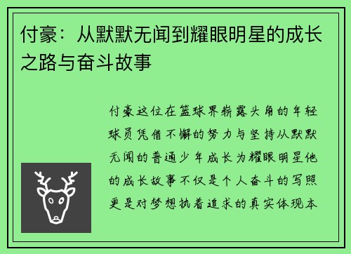 付豪：从默默无闻到耀眼明星的成长之路与奋斗故事